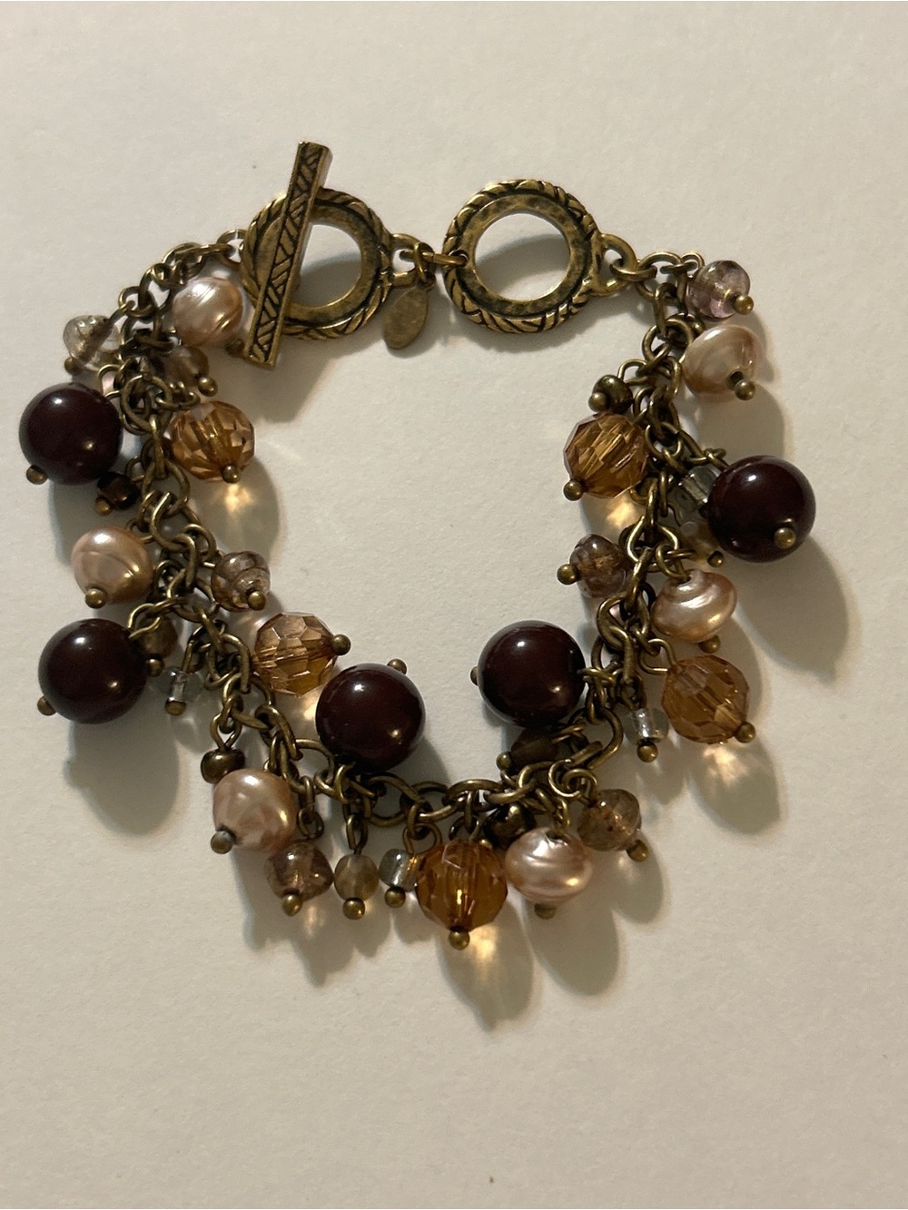 Lia Sophia Vintage Chunky Charm Bracelet Amber Crystal Pearl Toggle Brass